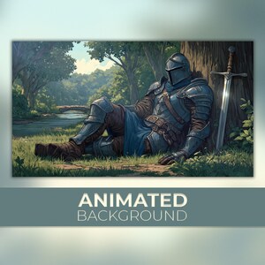 Op de afbeelding: Een geanimeerde achtergrond met een ridder in blauwe metalen bepantsering die uitrust tegen een boom in een bos. Een zwaard leunt tegen de boom. De scène speelt zich af in een groen bos met een rivier en de tekst "ANIMATED BACKGROUND".