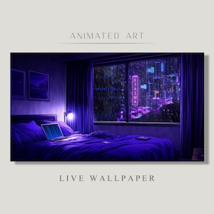 May include: A digital illustration of a bedroom with a large window overlooking a city at night. The city is lit up with neon lights and it is raining. There is a laptop on the bed and a lamp on the nightstand.