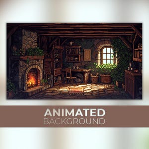 May include: Pixel art illustration of a cozy room with a fireplace, bookshelves, and a window. The room is lit by the fire and sunlight, creating a warm and inviting atmosphere. The text "ANIMATED BACKGROUND" is at the bottom.