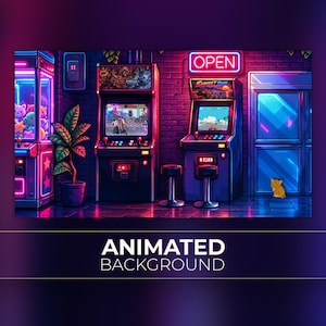 Fondo animado, máquina recreativa de los 90, juegos retro, Neon Play Zone, Dream Arcade, fondo para Vtuber de Twitch y Zoom