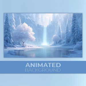 Puede incluir: Ilustración digital de un paisaje invernal con una cascada y un lago helado. La escena está dominada por tonos azules y blancos, con árboles cubiertos de nieve y una cascada brillante. El texto "ANIMATED BACKGROUND" se muestra en la parte inferior.