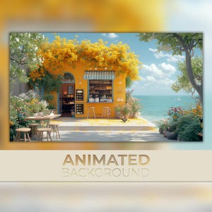 May include: A yellow building with a blue awning and a window display of various items. The building is covered in yellow flowers and is located on a beach with a blue ocean in the background. There are tables and chairs set up outside the building, and a small boat is visible in the distance.