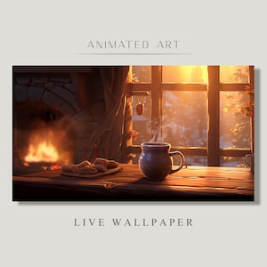 May include: A cozy cabin scene with a warm fireplace, a steaming mug of hot beverage, and a plate of pastries on a wooden table. The sun shines through a window, casting a warm glow on the room.