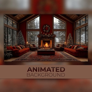 May include: A cosy living room with a fireplace, two red sofas, and two Christmas trees. The windows are covered in snow and the room is decorated with Christmas lights and a wreath.