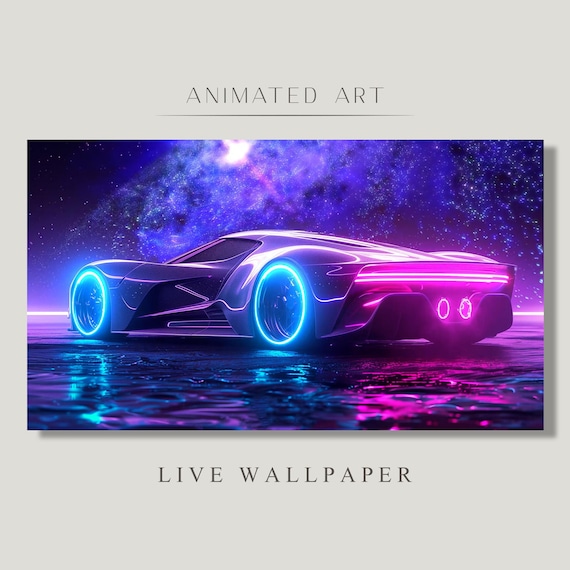 Animated Background, Cyberpunk Purple Car, Nebula Sky, Neon
