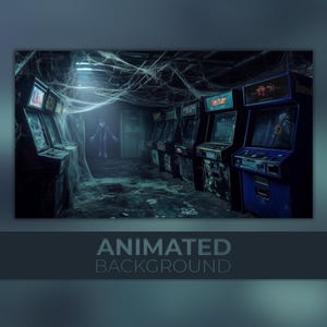 Può includere: Uno sfondo animato che raffigura una sala giochi oscura con vecchie macchine arcade. La scena è ricoperta di ragnatele e una figura spettrale è sullo sfondo. Il testo "ANIMATED BACKGROUND" è in basso.