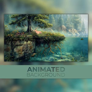 Sfondo animato, Santuario della foresta, Radici sottomarine, Natura pacifica, Cervo nella nebbia, Sfondo di Twitch Stream Zoom Vtuber