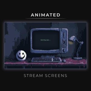 Puede incluir: Una imagen pixelada de una computadora retro con un monitor que muestra el texto "Starting soon..." y una cara sonriente en un escritorio con una lámpara. El texto "ANIMATED" está en la parte superior y "STREAM SCREENS" en la parte inferior.