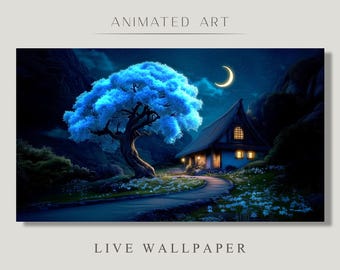 Animated Background, Magic Tree, Enchanted Night, Moonlit Tree, Magical Cottage,  Fantasy Land, Twitch Stream Zoom Vtuber Background