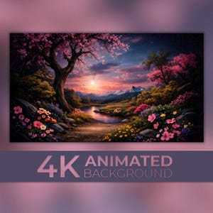 May include: A vibrant landscape painting featuring a sunset over a serene lake and mountains. Pink cherry blossom trees frame the scene, with colorful flowers in the foreground. The text "4K ANIMATED BACKGROUND" is displayed at the bottom.
