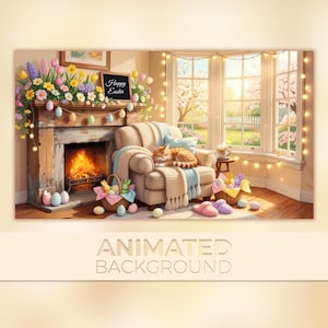 Animated Background, Cozy Easter Room with Sleeping Cat, Spring Fireplace, Cute Bunny Decor,  Twitch Stream Zoom Vtuber Background