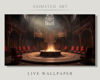 以下が含まれることがあります： 中央に大きな暖炉のある中世の玉座の間のデジタルイラスト。部屋は1つの窓から光が差し込み、火は明るく燃えている。暖炉の周りにはいくつかの椅子があり、壁はタペストリーで飾られている。