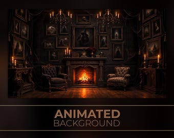 May include: An animated background featuring a dark, ornate room with a central fireplace, two upholstered armchairs, and walls covered in numerous framed portraits. Two chandeliers hang from the ceiling, and candles are placed on side tables.