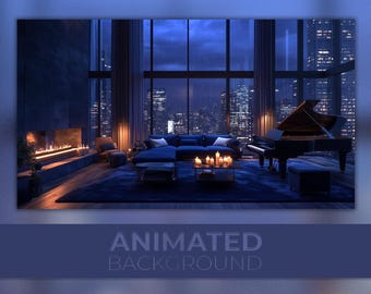 Animated Background, Modern Loft, Luxury Penthouse, Rainy Night, Cozy Jazz Lounge, Skyline View, Twitch Stream Zoom Vtuber Background
