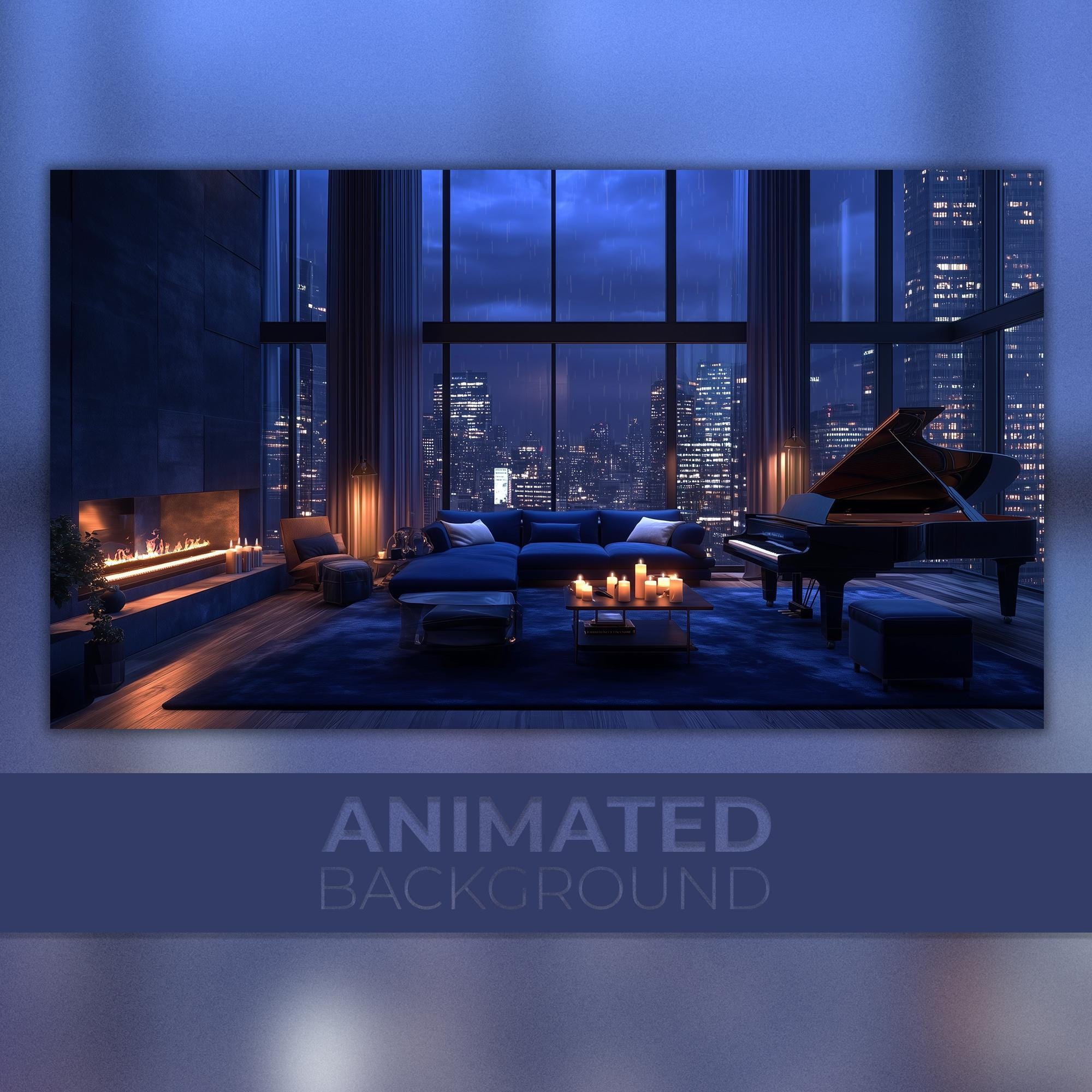 Animated Background, Modern Loft, Luxury Penthouse, Rainy Night, Cozy Jazz Lounge, Skyline View, Twitch Stream Zoom Vtuber Background