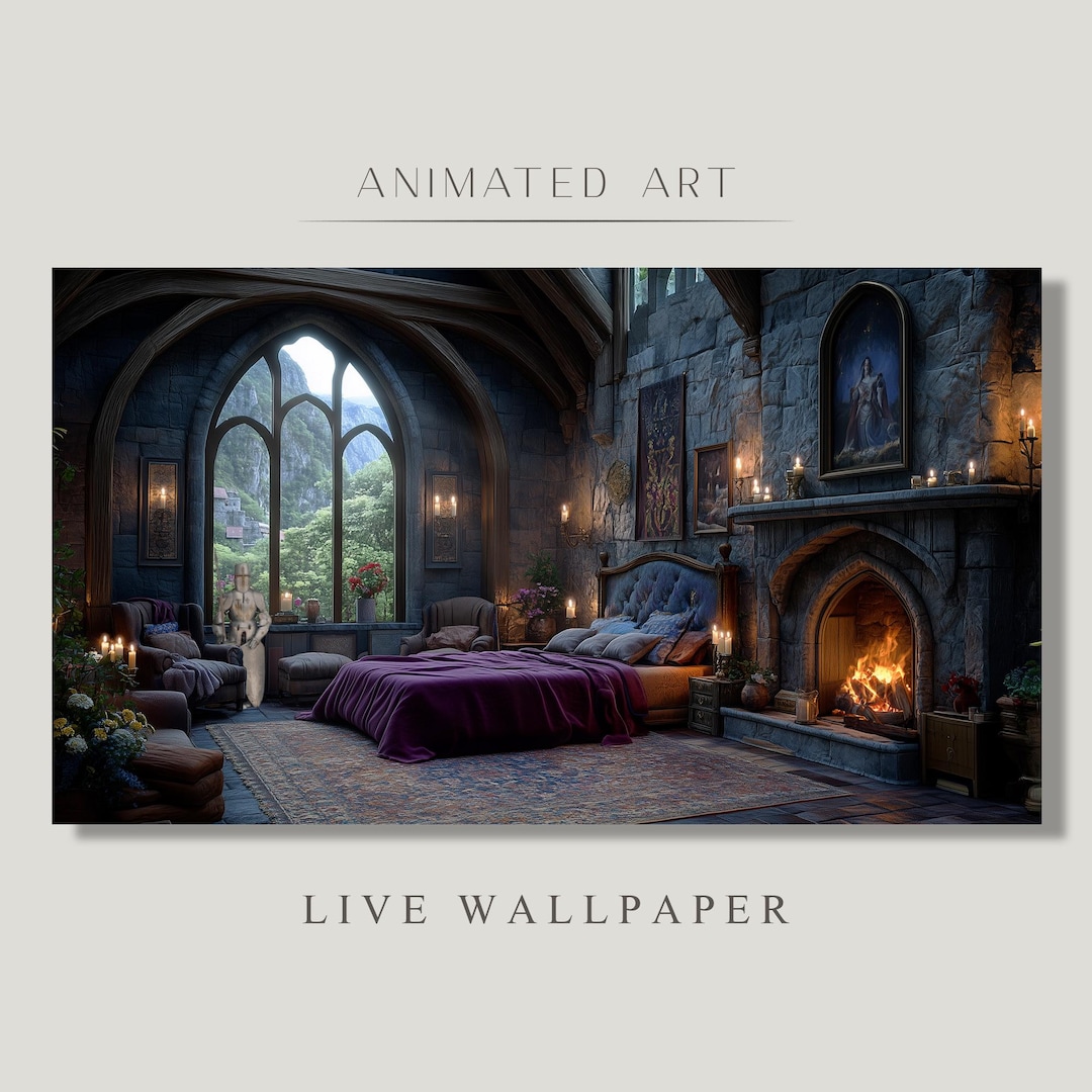 Plano de fundo animado, quarto medieval, castelo de conto de fadas ...