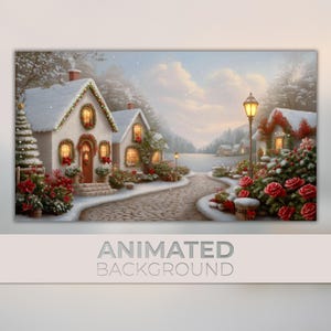 Animated Background, Christmas Eve Village, Snowy Cottages, Winter Flowers, Snow Roses,  Twitch Stream Zoom Vtuber Background