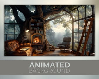 Fondo animado, Biblioteca en la casa del árbol, Luz del bosque matutino, Sala de lectura acogedora, Páginas iluminadas por el fuego, Fondo de Twitch para Zoom y Vtuber