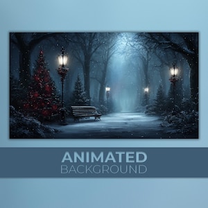 May include: An animated background image of a snowy park scene at night. The image features a path lined with lampposts, trees, and a bench. A Christmas tree is lit with red lights. The text "ANIMATED BACKGROUND" is at the bottom.