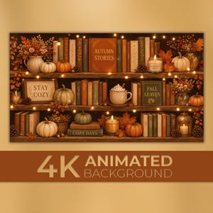 May include: A digital illustration of three wooden shelves filled with books, pumpkins, candles, and autumn foliage. Text on items includes "AUTUMN STORIES," "STAY COZY," "FALL LEAVES," and "COZY DAYS." Warm string lights illuminate the scene.