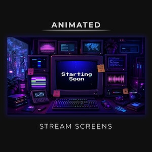 May include: An animated stream screen featuring a retro computer setup with multiple monitors displaying data, code, and a world map. The central screen shows the text Starting Soon in a pixelated font, surrounded by a keyboard, mouse, and desk items.