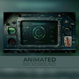 May include: A vintage-style control panel with a green digital display showing a radar screen. The panel has several buttons, knobs, and gauges. The display reads "RADAR".