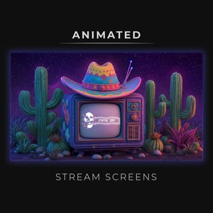May include: Animated stream screen featuring a vintage television with a skull graphic and the words "Starting Soon." A colorful cowboy hat rests on top of the TV, surrounded by cacti and desert plants. The background is a starry night sky. The words "Animated" and "Stream Screens" are displayed.