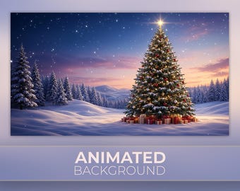 Puede incluir: Un gran árbol de Navidad iluminado se alza en un paisaje nevado al atardecer, decorado con adornos y luces, coronado por una estrella brillante. Numerosas cajas de regalo se disponen en su base, rodeado de pinos cubiertos de nieve.