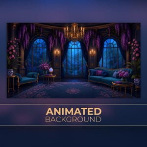 May include: An animated background featuring a dark blue room with arched windows, a teal sofa, a matching chaise lounge, and a gold chandelier. Purple wisteria hangs from the ceiling, and potted pink flowers sit on gold side tables.