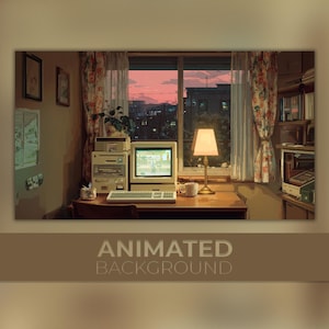 Op de afbeelding: Een geanimeerde achtergrondafbeelding van een retro computeropstelling in een kamer met een raam met uitzicht op een stad bij zonsondergang. De scène bevat een bureau, lamp en bloemengordijnen. De tekst "ANIMATED BACKGROUND" staat onderaan.