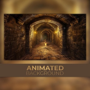 May include: A dark, stone hallway with arched ceilings and flickering torches. The hallway is lit by the torches and a fire in the distance. The floor is made of stone tiles.