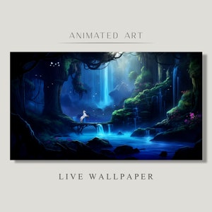 Animierte Nacht im Fantasy Zauberwald, Wald mit Wasserfällen, Zauberwald, Mystic Forest, Stream Twitch Vtuber Overlay