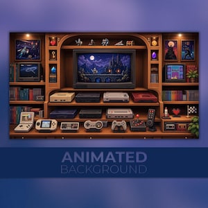 Peut inclure: Un meuble de divertissement en bois rempli de consoles de jeux rétro, d'appareils portables, de manettes et de cartouches de jeu. Une télévision centrale affiche un paysage fantastique pixélisé. Des étagères présentent des figurines et des livres.