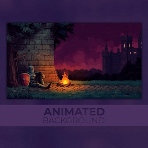 May include: Animated pixel art background showing a knight resting by a campfire near a stone wall. A red shield is next to the knight. A castle is in the background under a purple, starry sky. The text "ANIMATED BACKGROUND" is at the bottom.