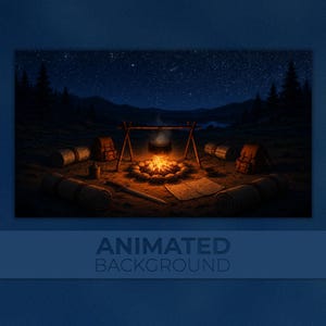 Animerad fantasy-campingplatsbakgrund, äventyrares lägereld, stjärnklar natt-rollspelsscen, Twitch OBS VTuber-bakgrund