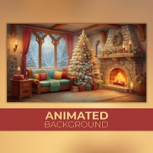Animowane tło, Boże Narodzenie w domu, Magia świąt, Cichy śnieg, Ciepły ogień, Zimowe marzenia, Przytulny domek, Stream na Twitchu, Zoom, Vtuber, Tło