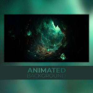 Puede incluir: Fondo animado que presenta un espacio oscuro y cavernoso con cristales verdes brillantes y una niebla etérea que se arremolina.