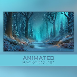 以下が含まれることがあります： 高い木々と遠くへと続く小道がある雪景色を描いたデジタルアートプリント。画像は青とティール色の配色で、雪が降り、下部に「ANIMATED BACKGROUND」の文字があります。