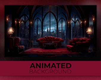 May include: An animated background image of a gothic-style living room with a red sofa, armchairs, and a rug. Large arched windows offer a view of a city skyline at night. The text "ANIMATED BACKGROUND" is displayed at the bottom.