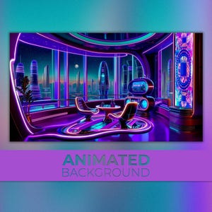 Animated Background, Futuristic Neon Lounge, Sci-Fi City View, Cyber Interior, Cyber Horizon, Twitch Stream Vtuber Background
