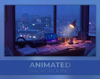 Animierter Hintergrund, Lofi Regnerisch, Urban Regen Vibes, Lernstimmung, Anime Stadtbild, Nacht Büro, Twitch Stream Zoom Vtuber Hintergrund