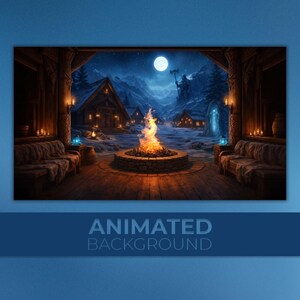 May include: An animated background depicting a cabin scene under a starry night. A bonfire burns brightly in the foreground, with a full moon and snow-covered mountains in the distance. The text "ANIMATED BACKGROUND" is displayed at the bottom.