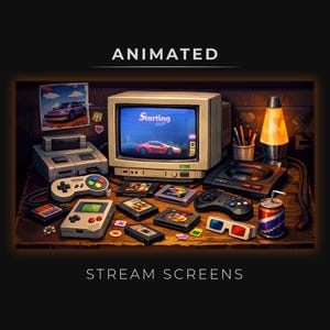 May include: An illustration of a retro gaming setup featuring a vintage computer monitor displaying a car racing game. The scene includes a Super Nintendo, Sega Genesis, Game Boy, game cartridges, controllers, 3D glasses, and a soda can. The words "ANIMATED" and "STREAM SCREENS" are displayed.