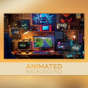 May include: A retro-themed gaming setup with a brick wall background. The setup includes a computer monitor, a keyboard, a mouse, a microphone, a gaming console, and a variety of other gaming accessories. The setup is lit by a lamp and a string of lights. The image includes the text "ANIMATED BACKGROUND".