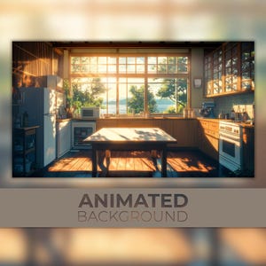 May include: An animated kitchen background with a large window overlooking a scenic view. The kitchen features wooden cabinets, a refrigerator, and a table. The text "ANIMATED BACKGROUND" is displayed at the bottom.