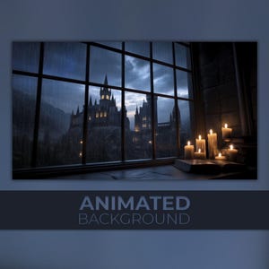 Puede incluir: Un fondo animado que presenta una escena de castillo vista a través de una ventana. La imagen muestra un cielo oscuro y tormentoso y un castillo con ventanas iluminadas. Hay velas encendidas en un alféizar. El texto "ANIMATED BACKGROUND" está en la parte inferior.