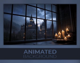 Fundo animado, Noite Medieval, Castelo Gótico, Janela de Mago, Academia Mágica, Fortaleza Silenciosa, Fundo para Zoom de Transmissão na Twitch/Vtuber