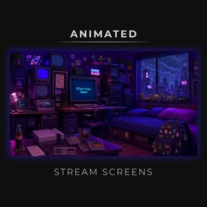 May include: A digital illustration of a retro gaming room with purple lighting, featuring multiple vintage monitors, a desk with a keyboard, a console, and a bed. The central monitor displays the text Starting Soon, while a neon sign reads Game Over.