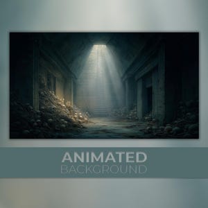 May include: An illustration of a dark, ancient tomb with piles of skulls and a staircase leading upwards. Light streams through an opening in the ceiling, illuminating the scene. The text "ANIMATED BACKGROUND" is at the bottom.