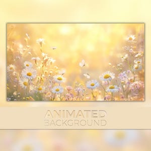 Könnte beinhalten: Ein Feld mit weißen Gänseblümchen und anderen Wildblumen mit einem sanften, goldenen Schimmer. Schmetterlinge flattern in der Luft und schaffen eine fantasievolle und romantische Szene.